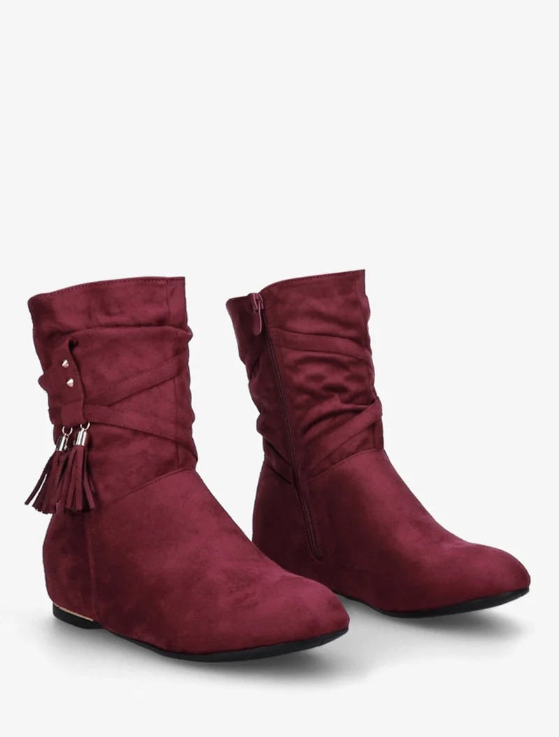 Bottines montantes en suédine à pompons - Bordeaux