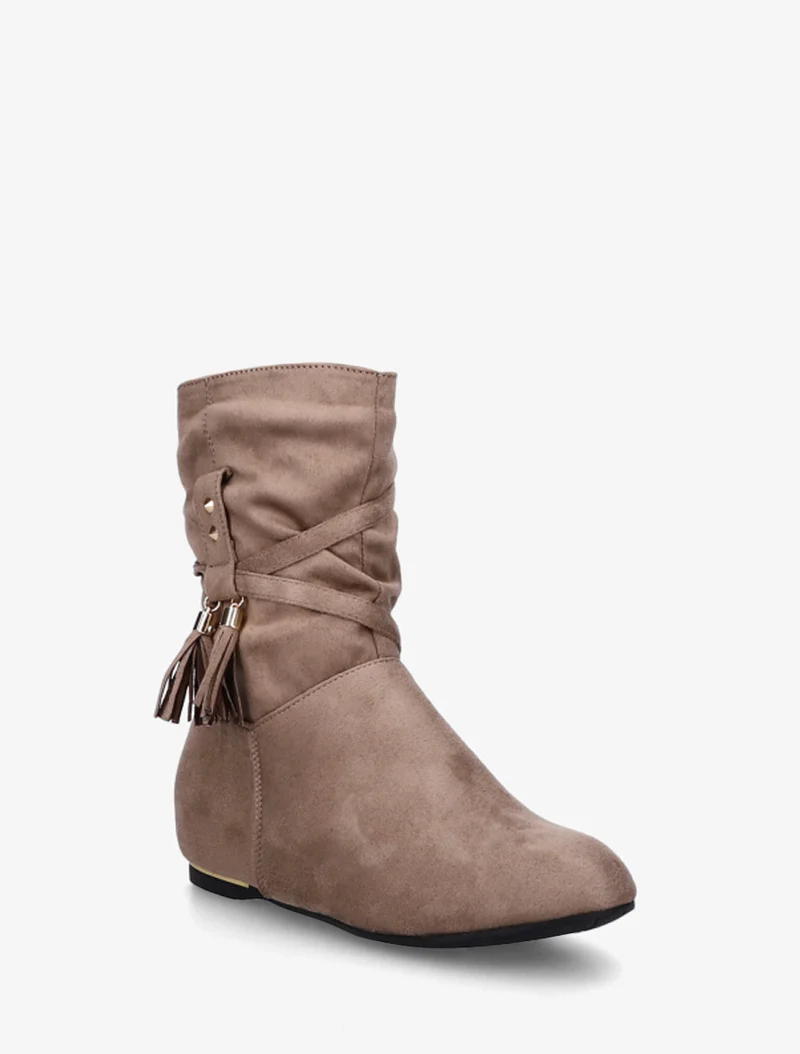 Bottines montantes en suédine à pompons - Taupe