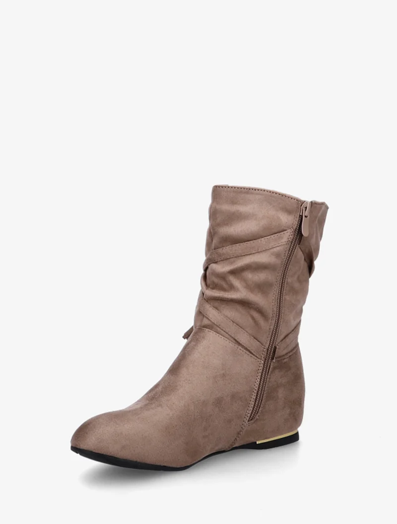 Bottines montantes en suédine à pompons - Taupe