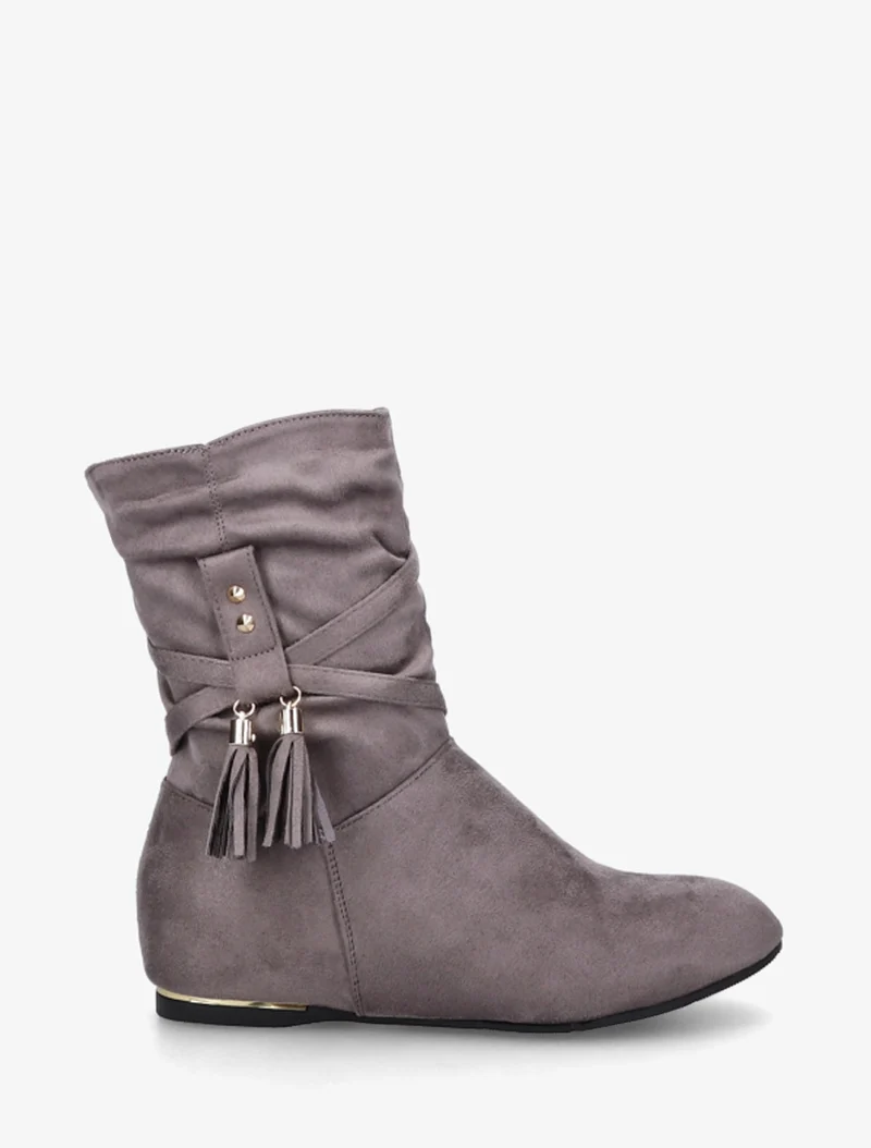 Bottines montantes en suédine à pompons - Gris