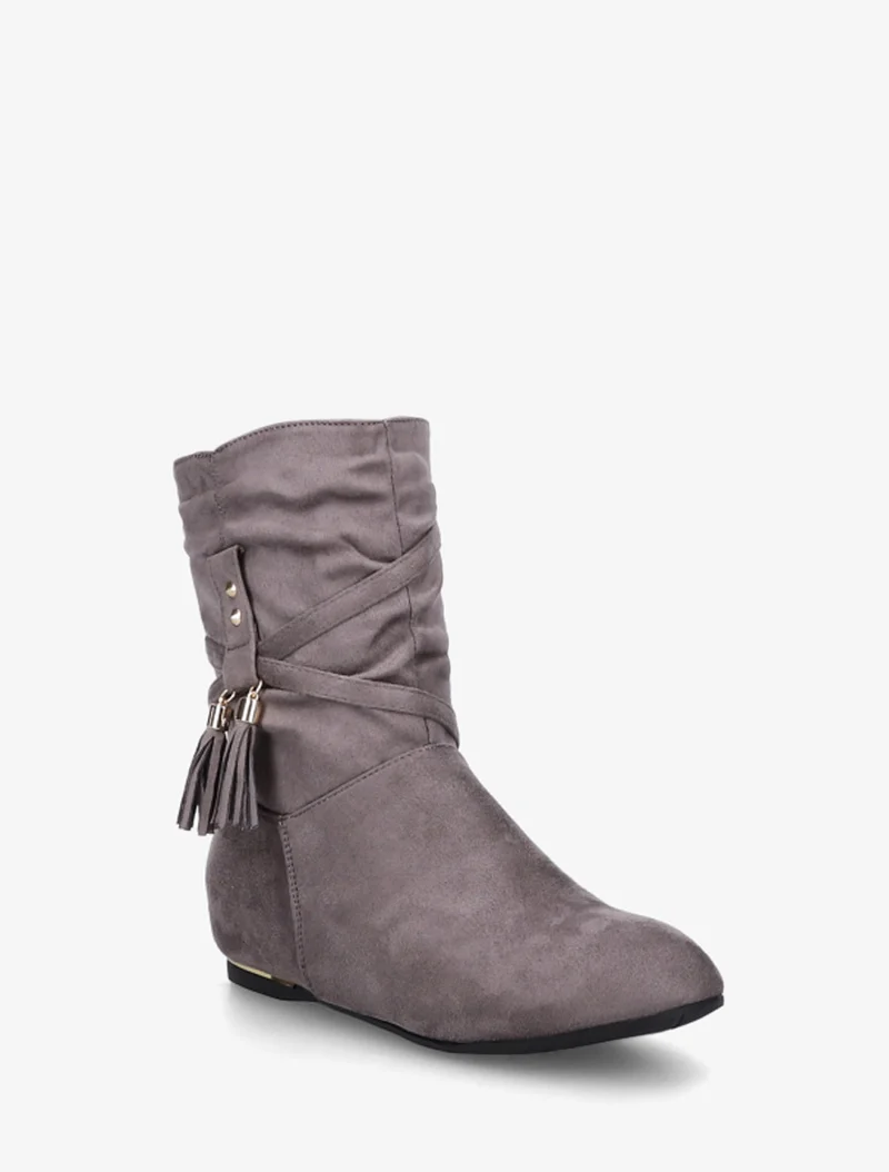 Bottines montantes en suédine à pompons - Gris