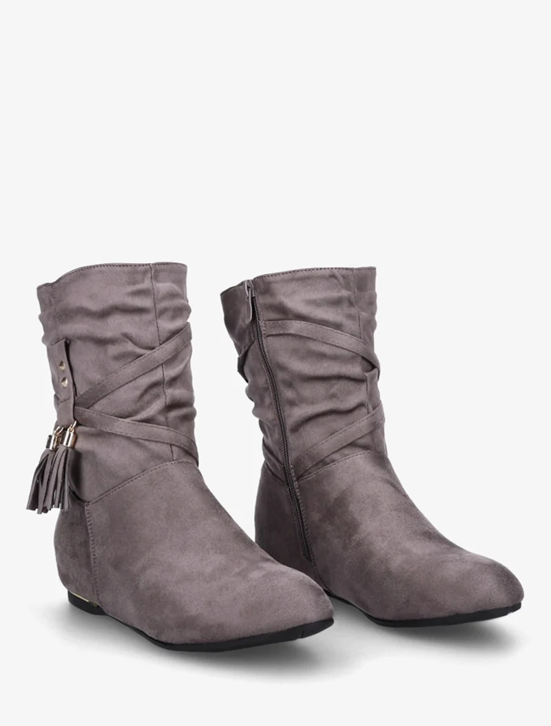 Bottines montantes en suédine à pompons - Gris