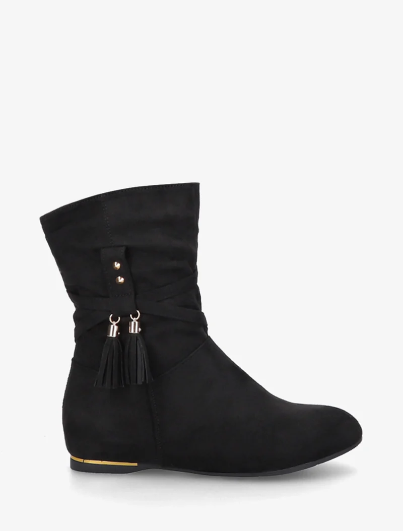 Bottines montantes en suédine à pompons - Noir