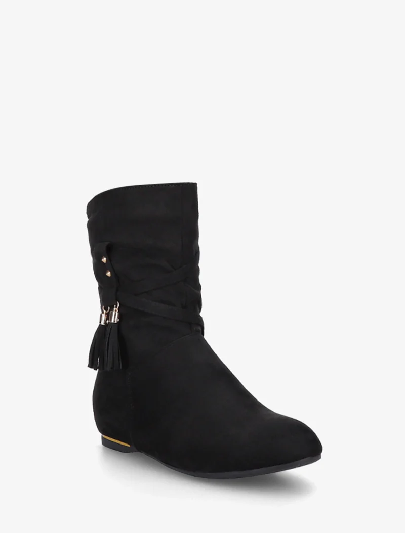 Bottines montantes en suédine à pompons - Noir