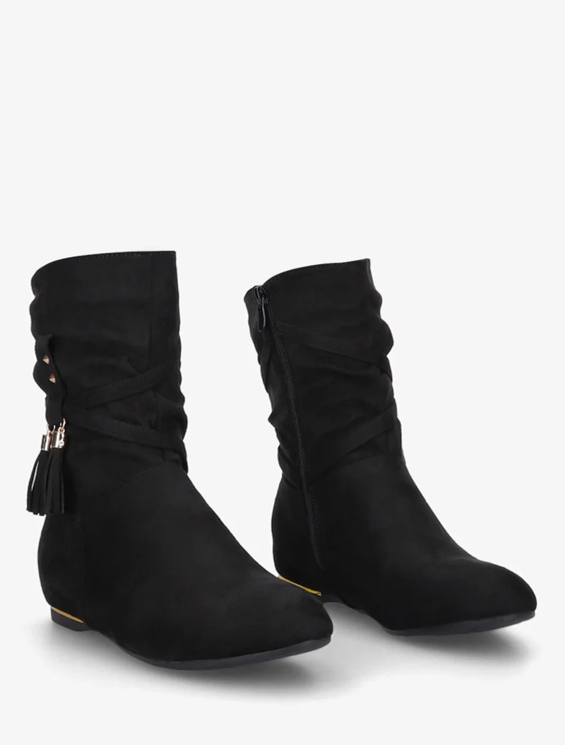 Bottines montantes en suédine à pompons - Noir