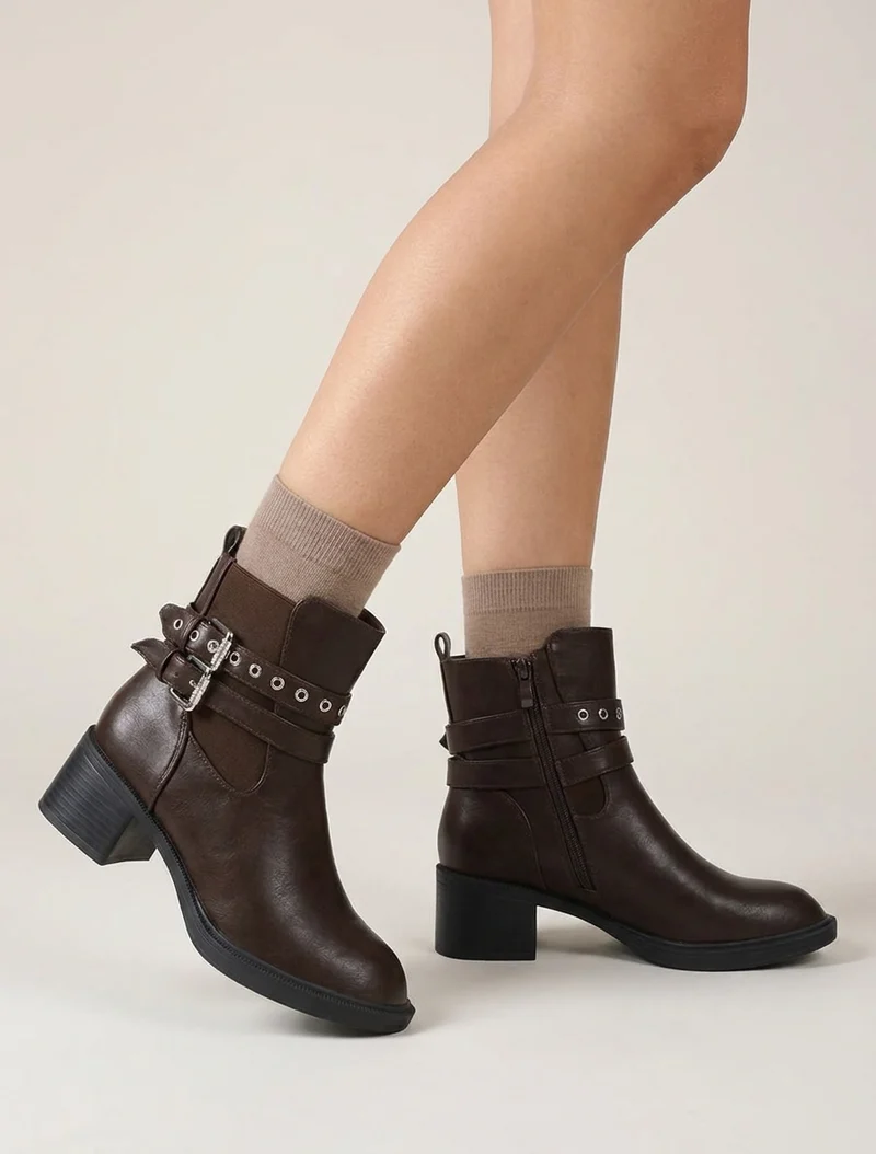 Bottines élastiquées à double sangles - Marron