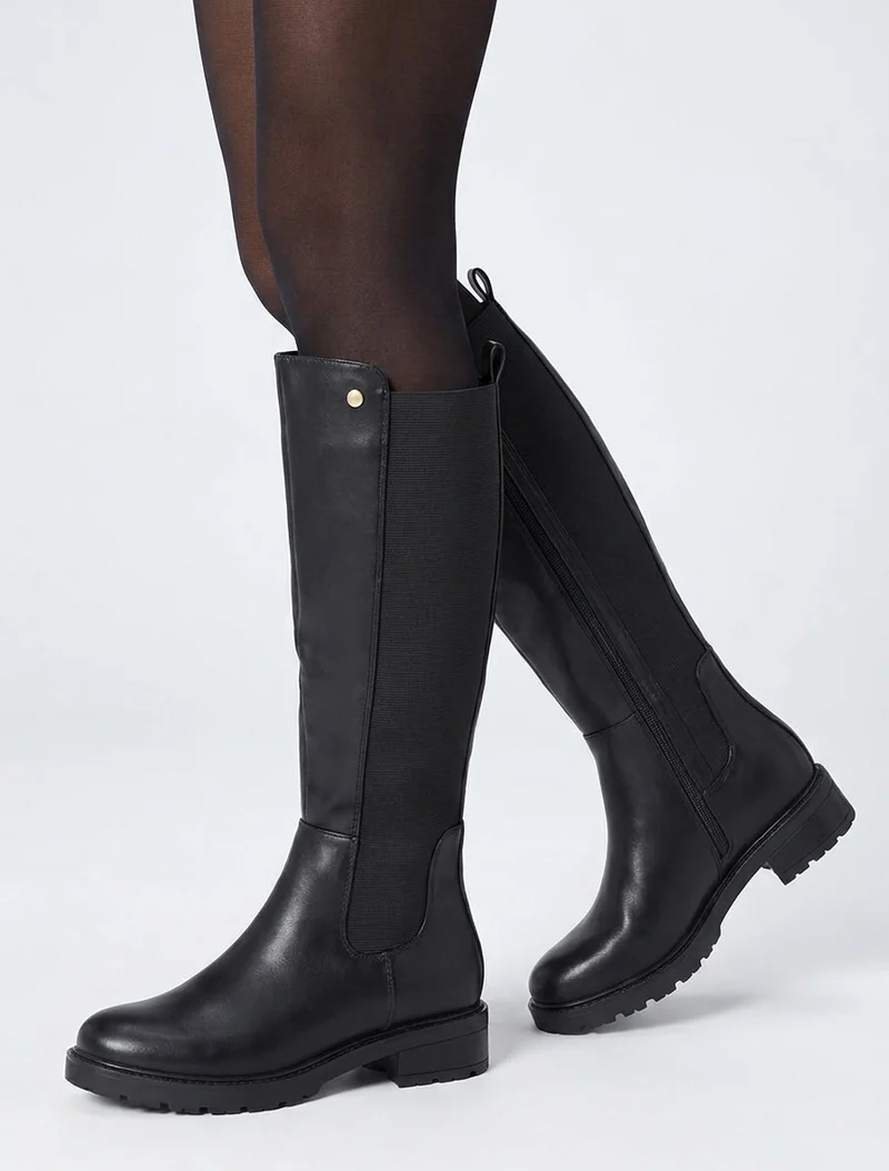 Bottes élastiquées en simili à semelle crantée - Noir