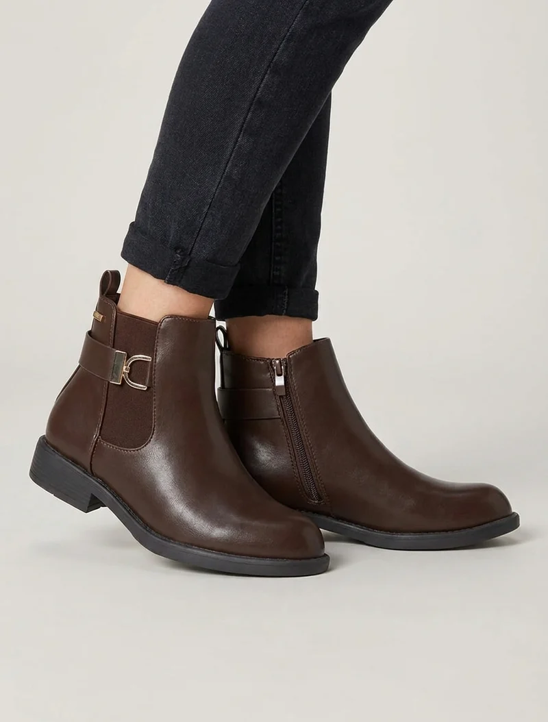 Bottines élastiquées à boucle métal et sangle - Marron