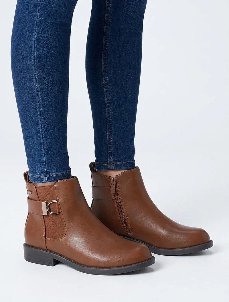 Bottines élastiquées à boucle métal et sangle - Camel