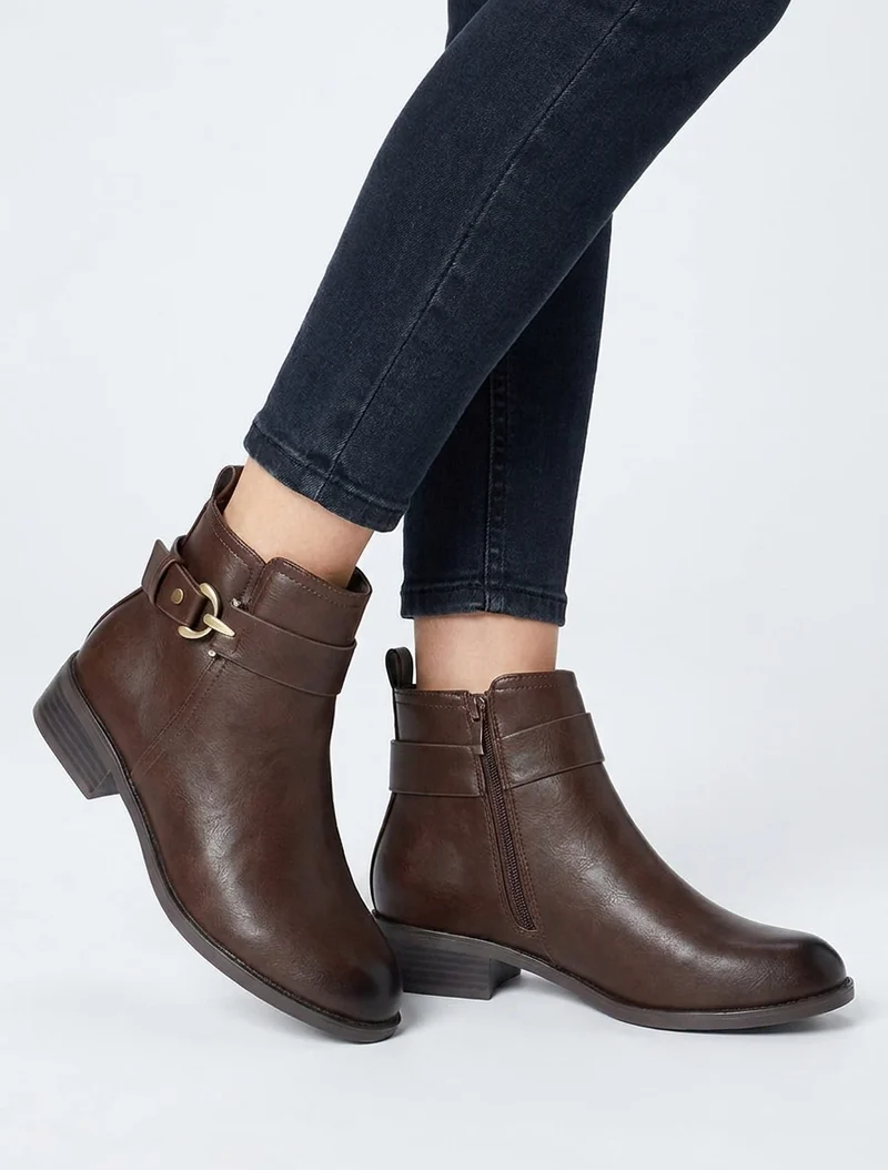 Bottines en simili à boucle métal fantaisie - Marron