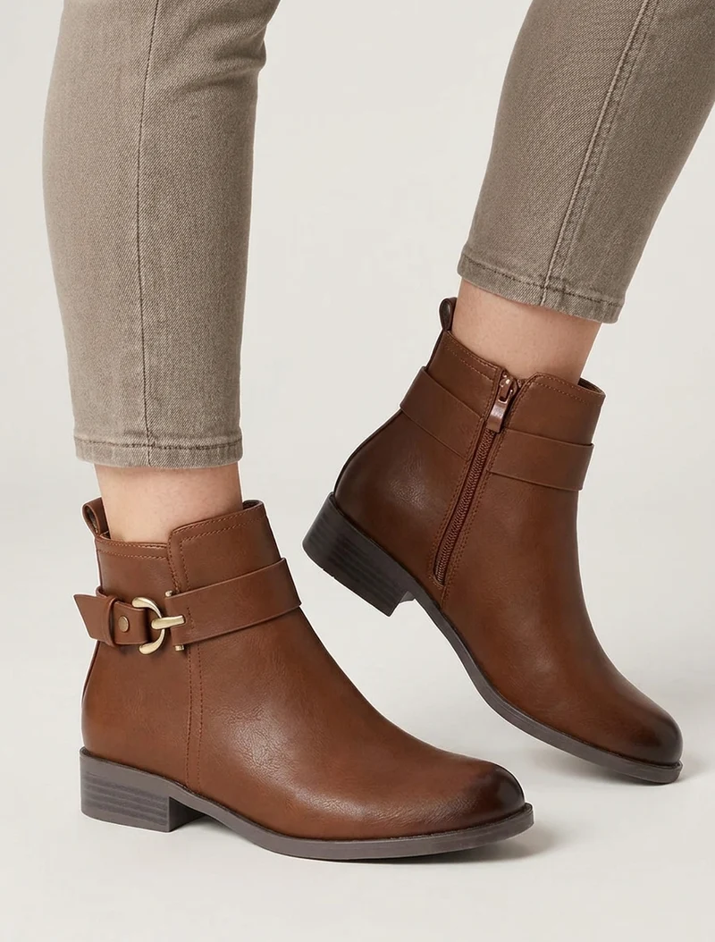 Bottines en simili à boucle métal fantaisie - Camel