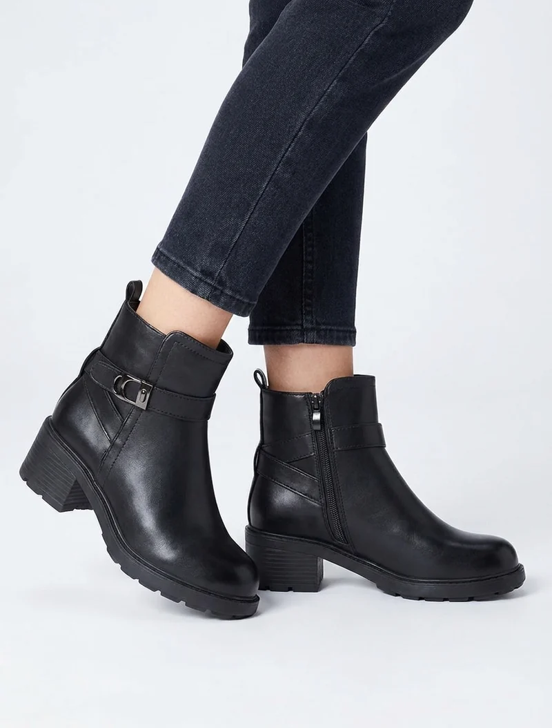 Bottines en simili à boucle métal et semelle crantée - Noir