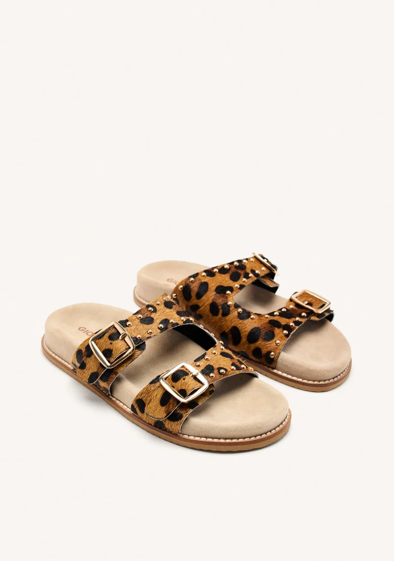 ANIMAL PRINT STUDDED LEATHER BIO SANDALS STELLA