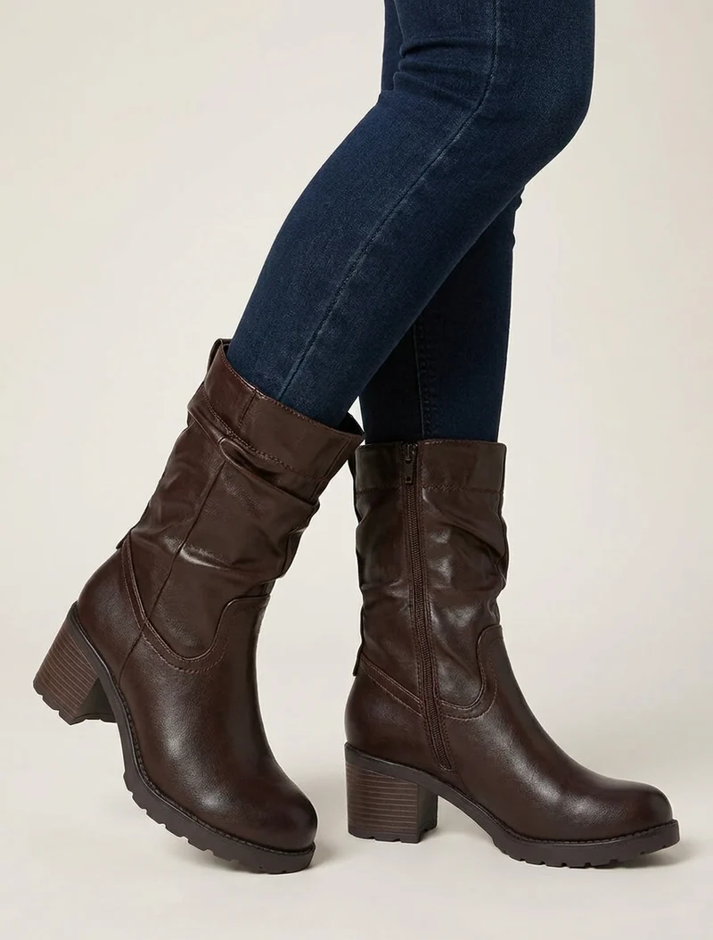Bottines montantes effet froncé en simili - Marron