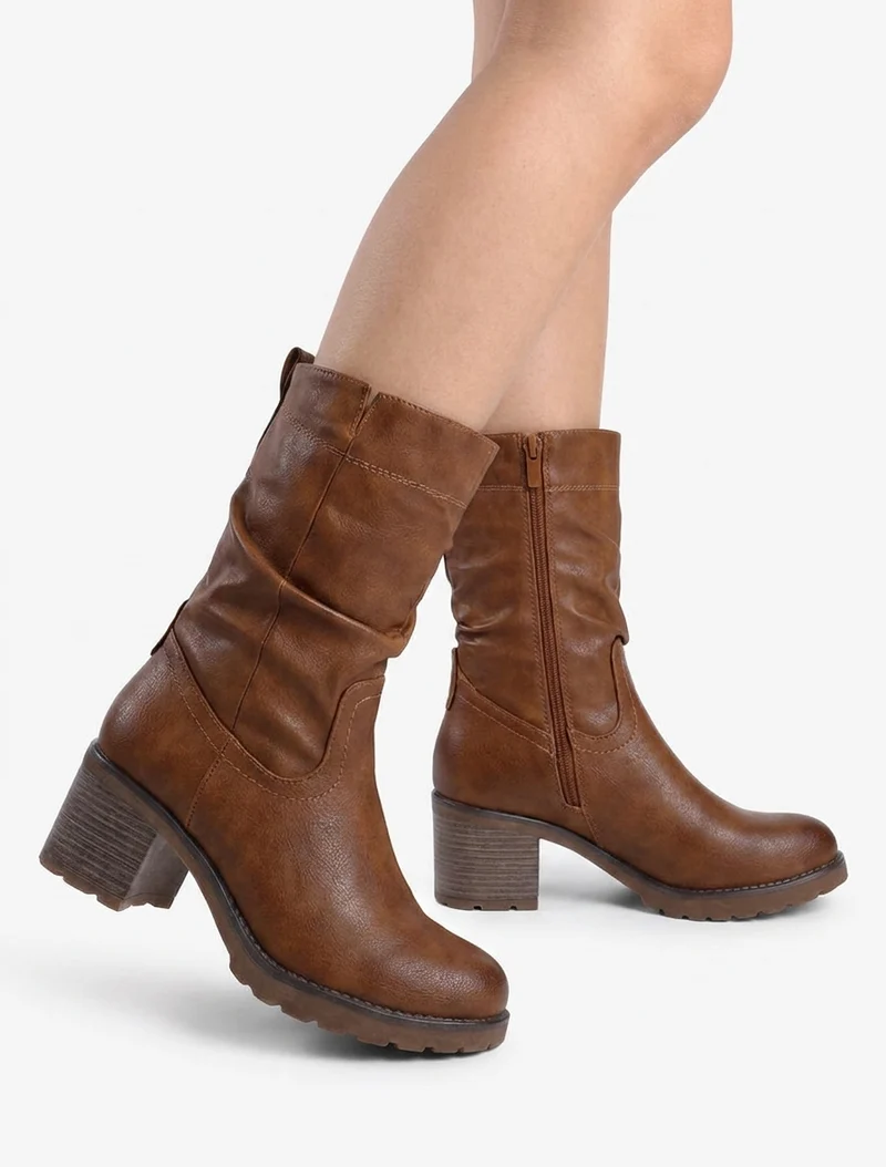 Bottines montantes effet froncé en simili - Camel