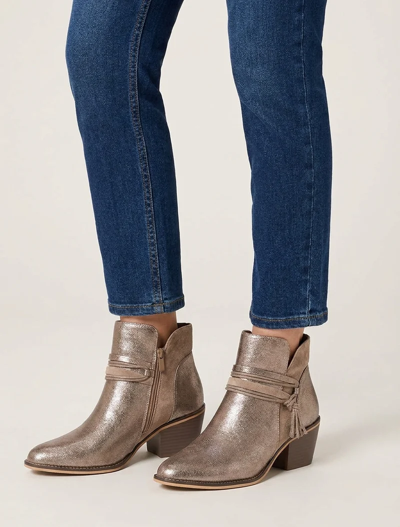 Bottines irisées à liens décoratifs - Taupe clair