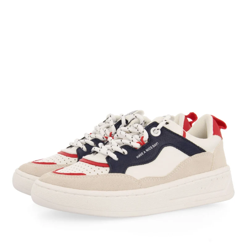 WHITE SNEAKERS WITH BLUE AND RED DETAILS AND TREKKING LACES FOR KIDS CARLYLE