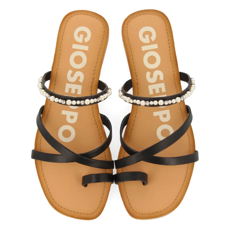 BLACK FLAT SANDALS WITH PEARL DETAILS FOR WOMAN LEBU