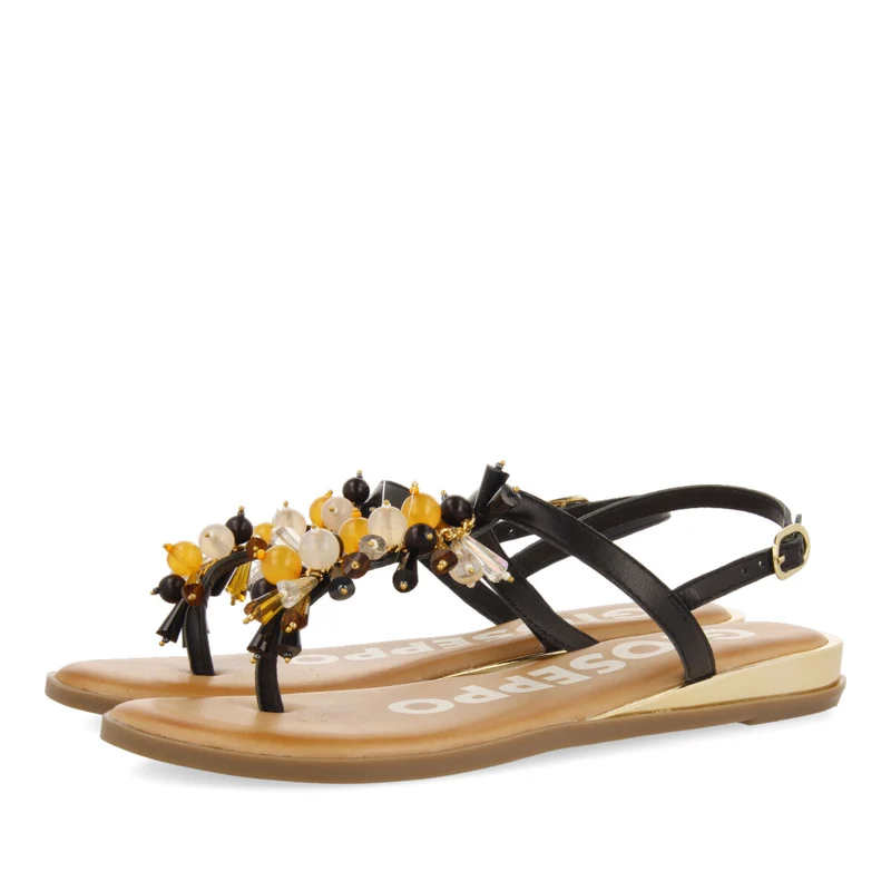 BLACK SANDALS WITH STRAPS AND MULTICOLORED BEADS FOR WOMAN KOMEN
