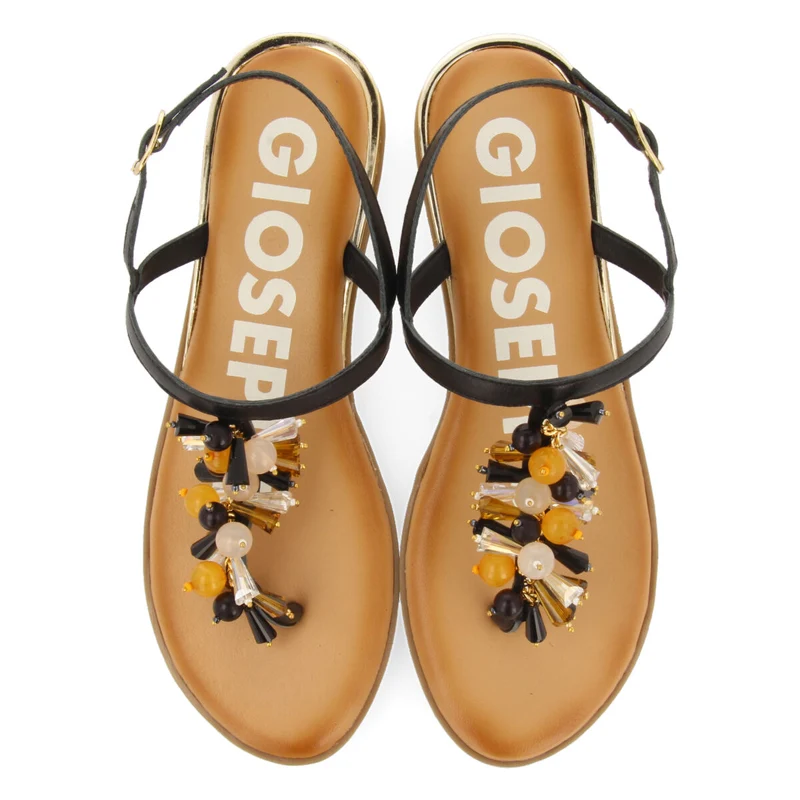 BLACK SANDALS WITH STRAPS AND MULTICOLORED BEADS FOR WOMAN KOMEN