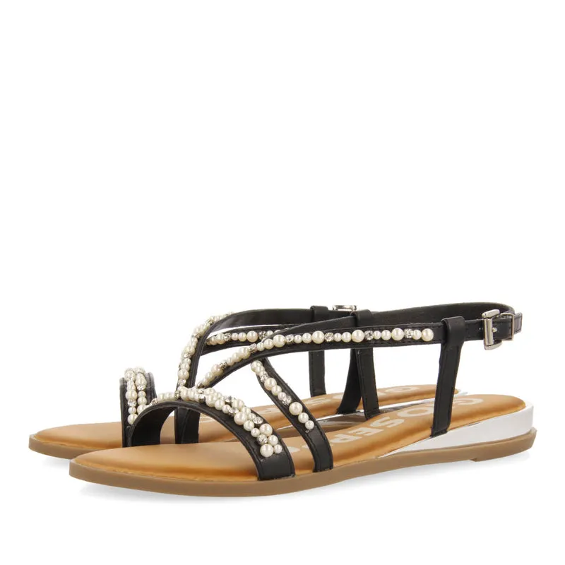 BLACK MINI WEDGE SANDALS DETAILED WITH PEARLS FOR WOMAN JENNE