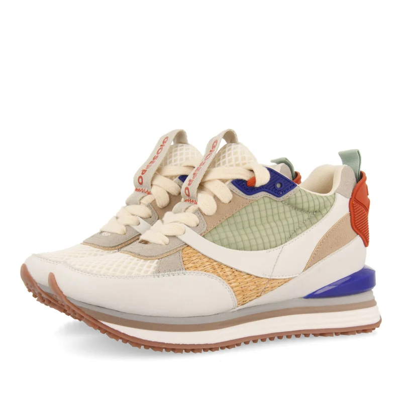 Tapirai women's white sneakers with inner wedges and neon details