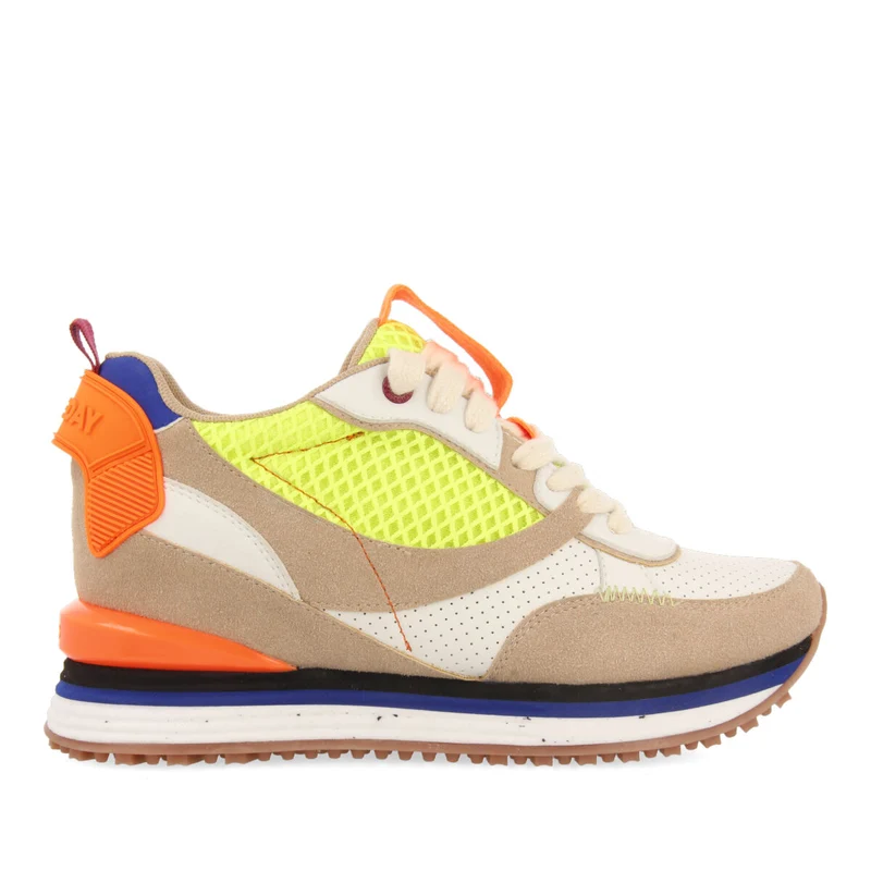 Ouanary women's beige sneakers with inner wedges and neon details