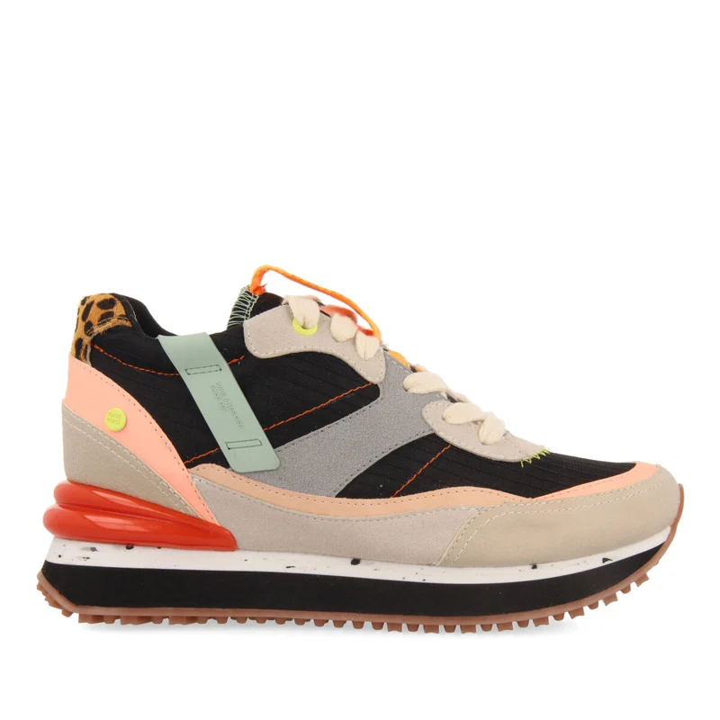 Breny women's black sneakers with inner wedges and a range of textures and prints