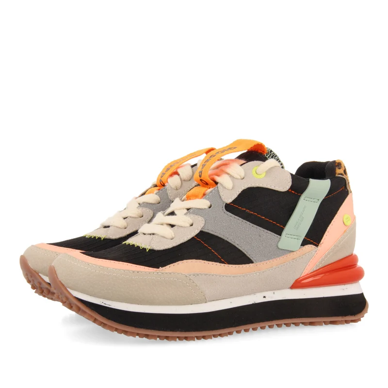 Breny women's black sneakers with inner wedges and a range of textures and prints