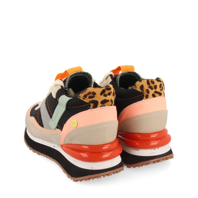 Breny women's black sneakers with inner wedges and a range of textures and prints