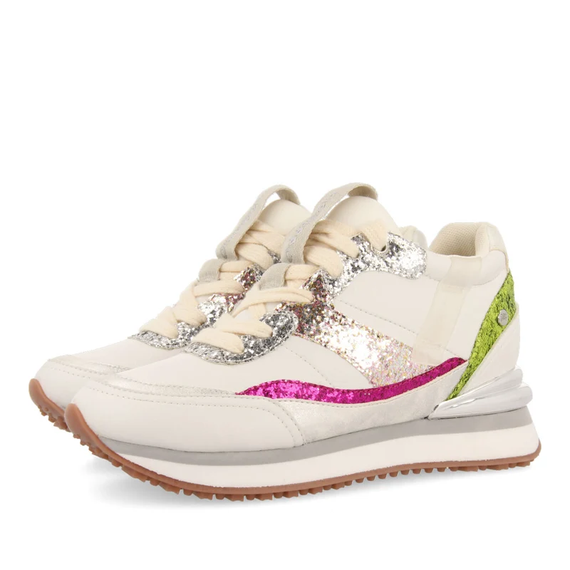 Bassou women's white sneakers with inner wedges and glittery details