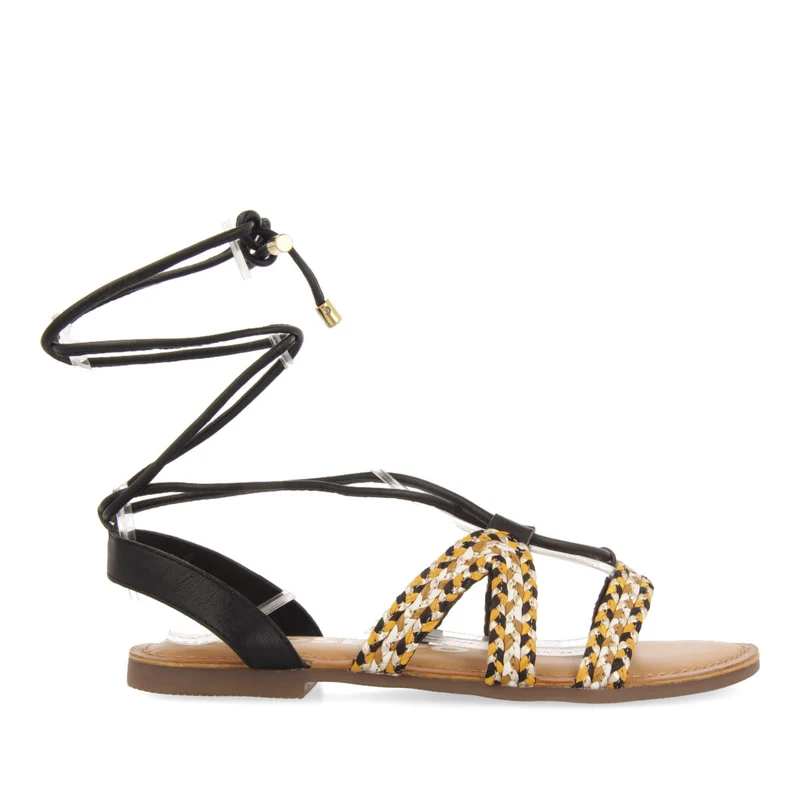 Davao women's flat black braided leather sandals with laces