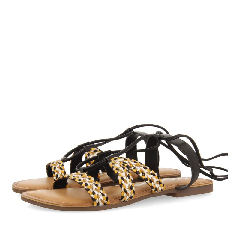 Davao women's flat black braided leather sandals with laces