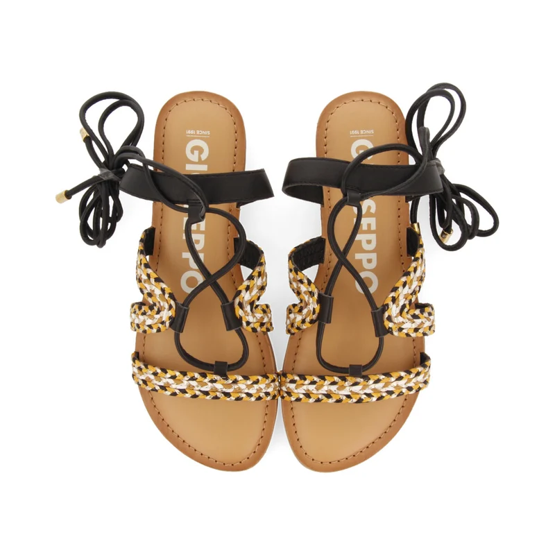 Davao women's flat black braided leather sandals with laces