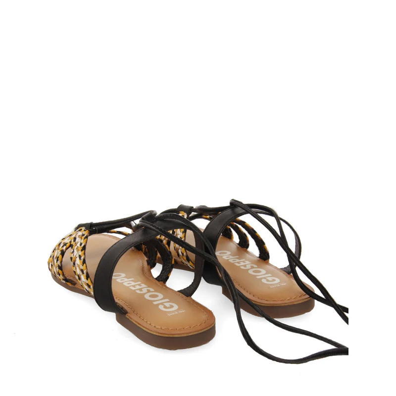 Davao women's flat black braided leather sandals with laces