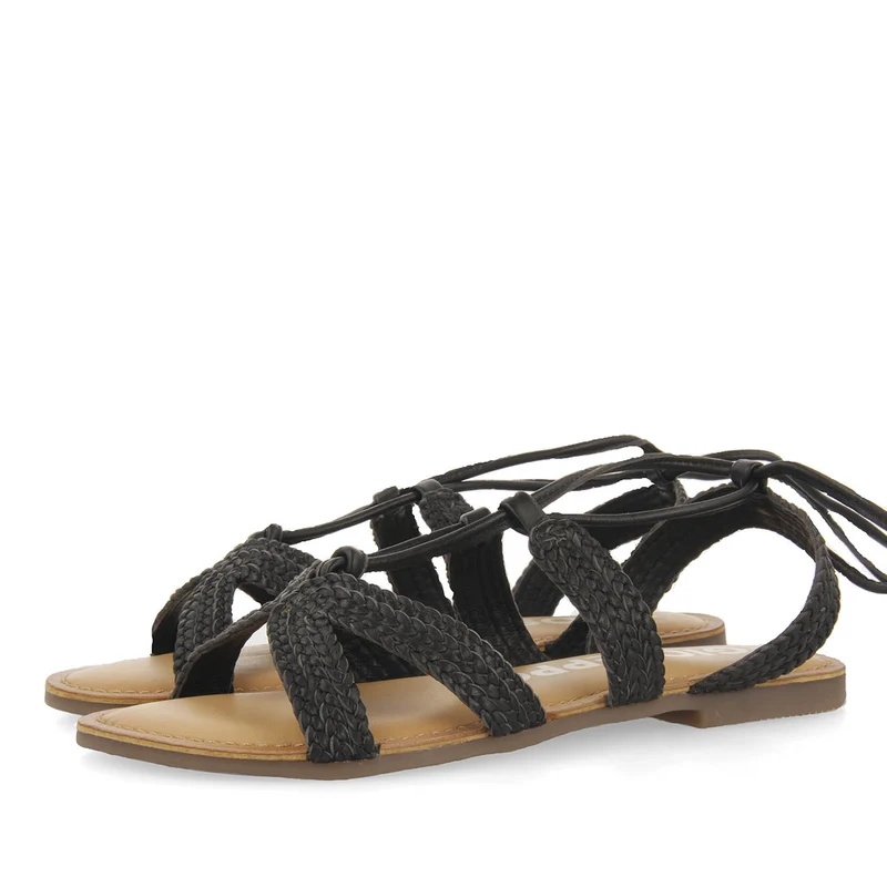 Darney women's flat black braided leather sandals with laces