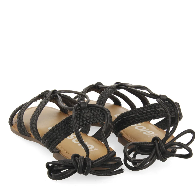Darney women's flat black braided leather sandals with laces
