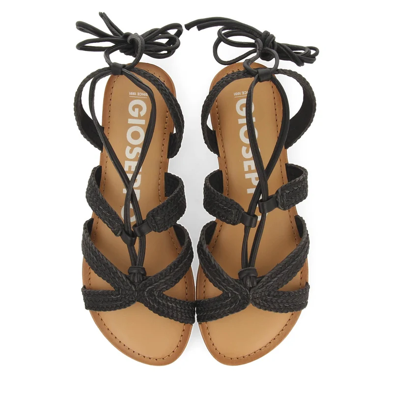 Darney women's flat black braided leather sandals with laces