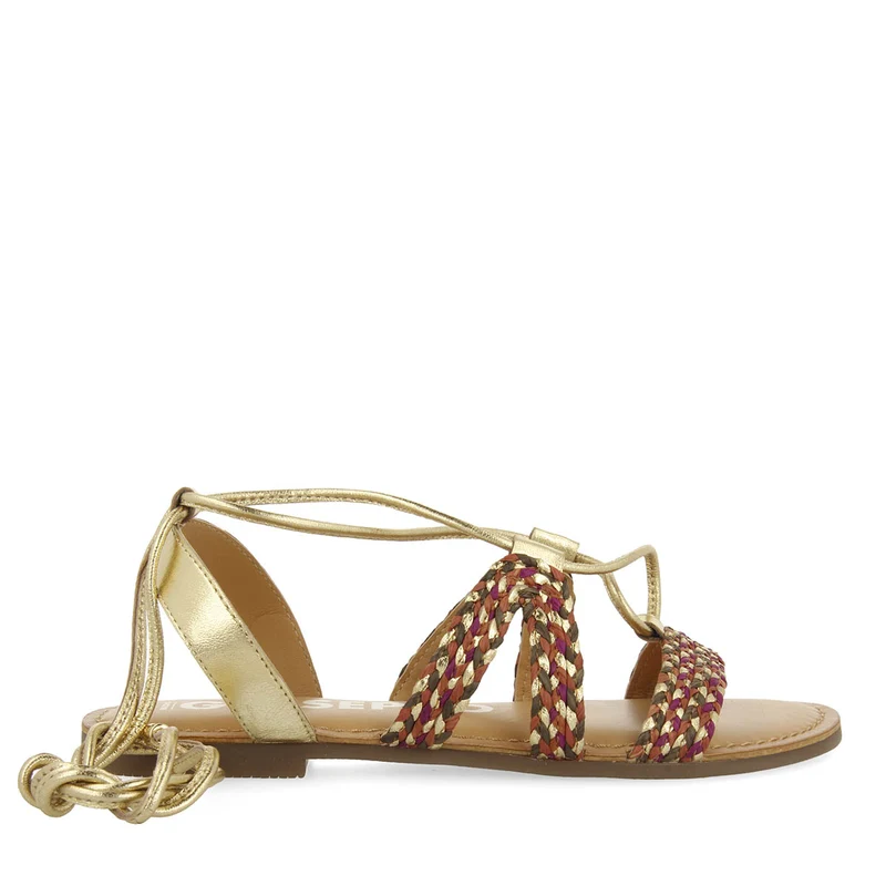 Davao women's flat gold braided leather sandals with laces