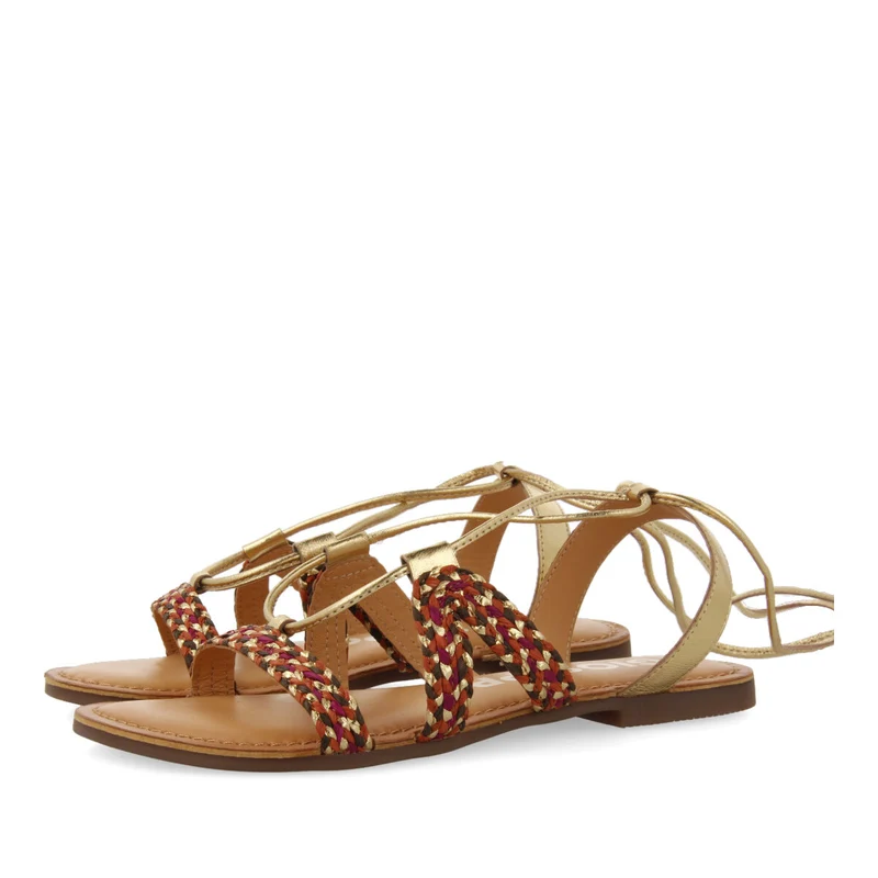 Davao women's flat gold braided leather sandals with laces