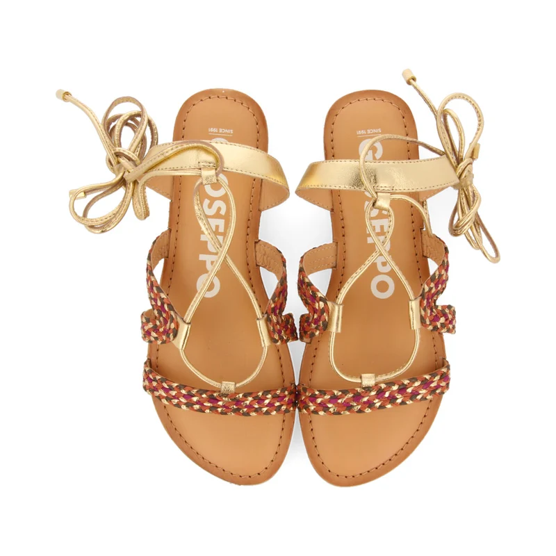Davao women's flat gold braided leather sandals with laces