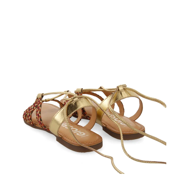 Davao women's flat gold braided leather sandals with laces