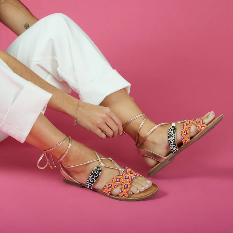 Bresse women's flat multicoloured geometric braided leather sandals with laces