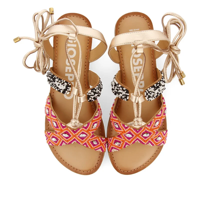Bresse women's flat multicoloured geometric braided leather sandals with laces