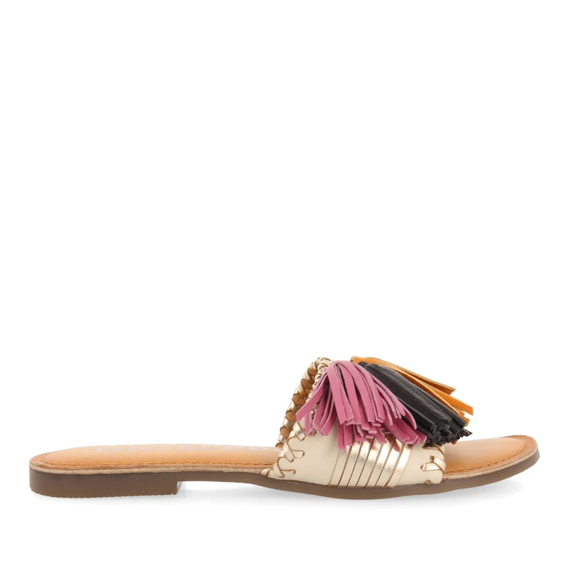 Choisel women's gold and white slide sandals with tassels