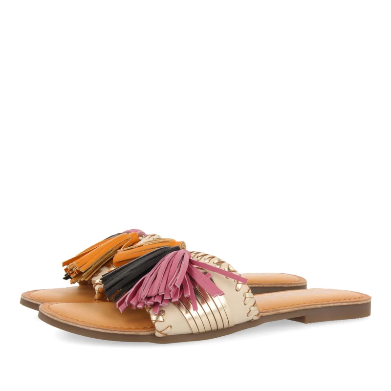 Choisel women's gold and white slide sandals with tassels