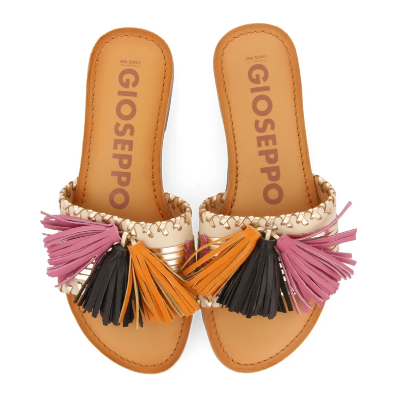 Choisel women's gold and white slide sandals with tassels
