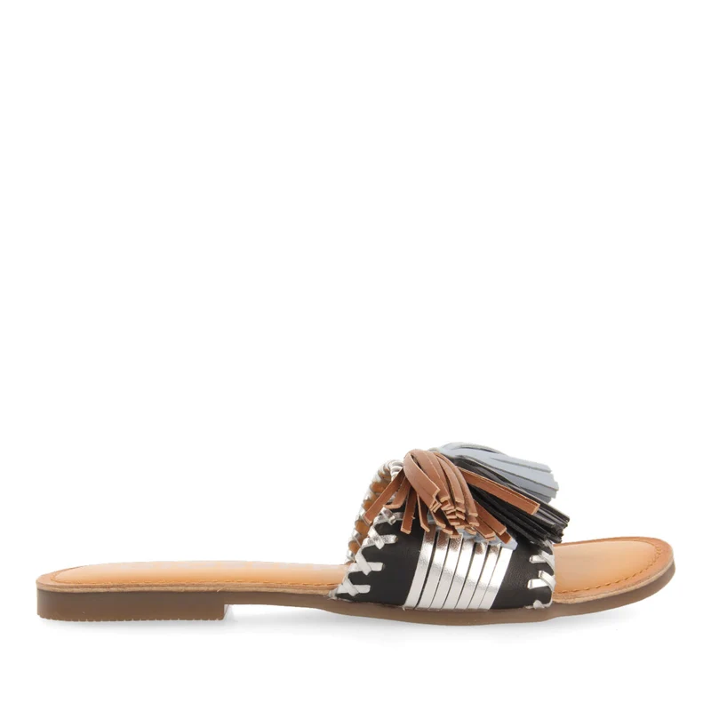 Choisel women's black and silver slide sandals with tassels