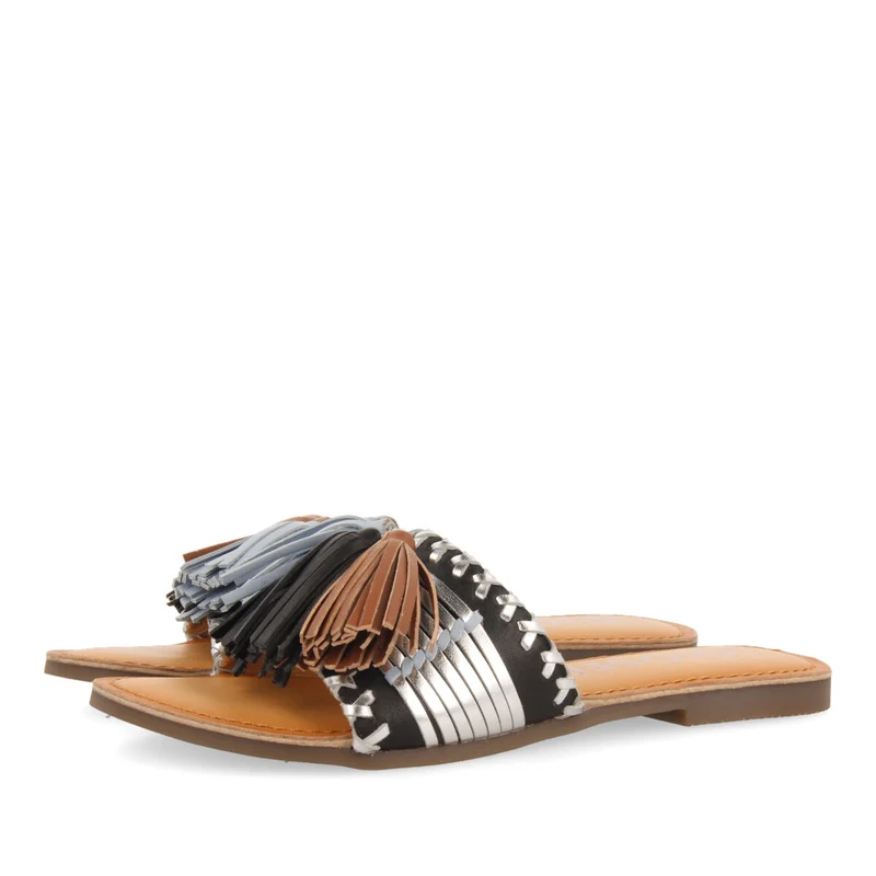 Choisel women's black and silver slide sandals with tassels
