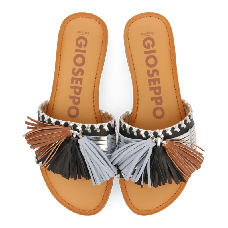 Choisel women's black and silver slide sandals with tassels